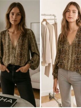 ADRIENNE V-Neck Snake Print Blouse - Taupe/Black Sz M